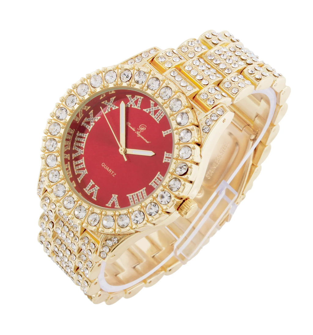 Charles Raymond Ice on Blast! Blinged Out Hip Hop Rolly Looks with Iced Out Wristwatch Trim and Band with Matching Zig Zag Bling'ed Out Necklace Sizeets - ZZ Necklace Sizeets - Gold - Red