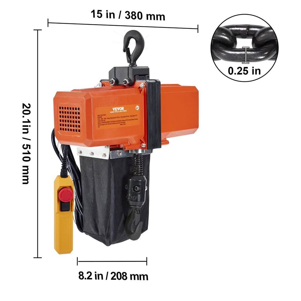 BENTISizeM Electric Chain Hoist Sizeingle Phase Crane Hoist 1100 lbs Load 15 ft Lifting