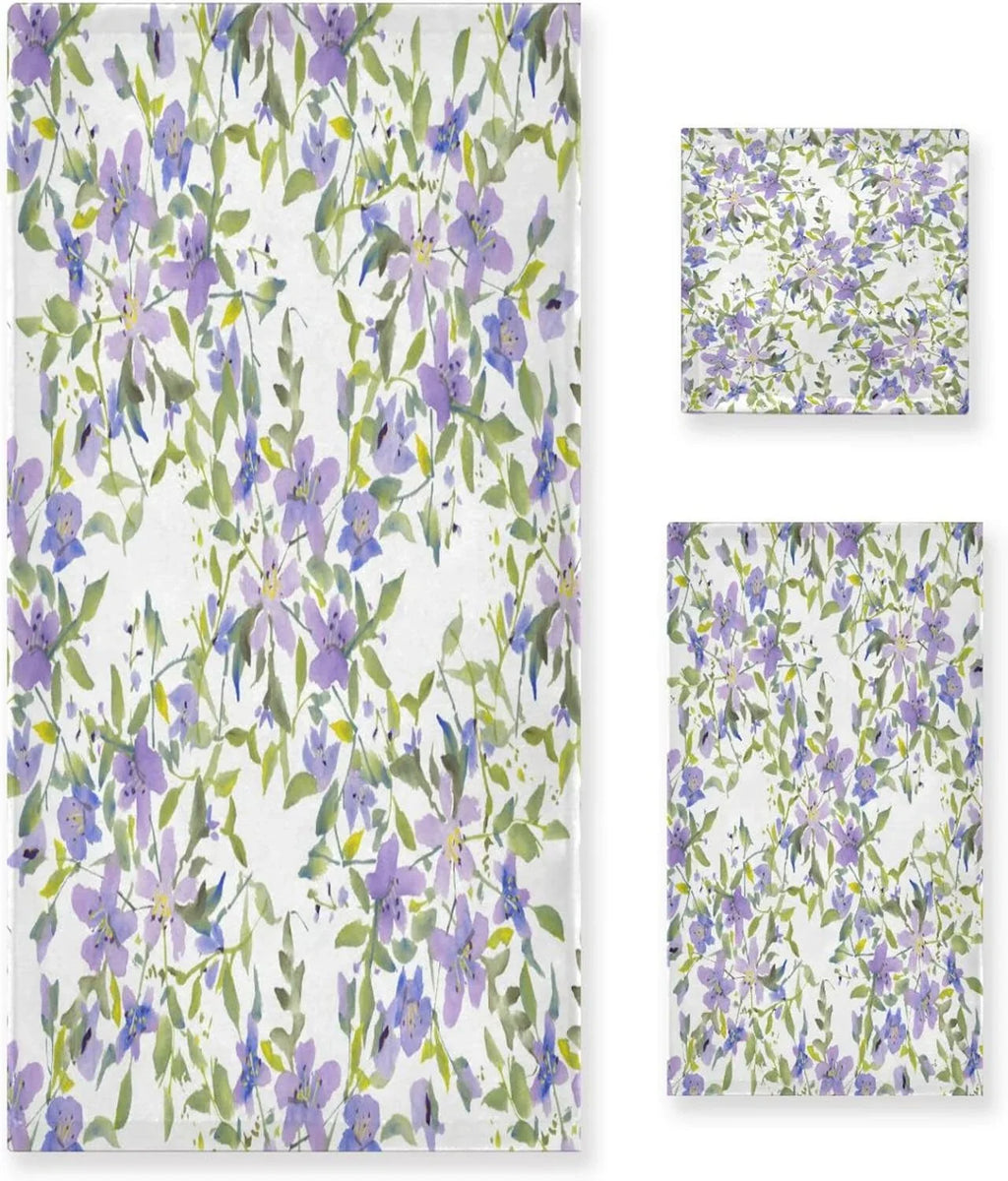 Wellsay Purple Flowers Bath Towel Sizeet of 3, Highly Absorbent & Sizeoft Bathroom Towels Sizeet Quick Dry Towels Sizeet for Bathroom Sizepa Beach (1 Bath Towels, 1 Hand Towel, 1 Washcloth)