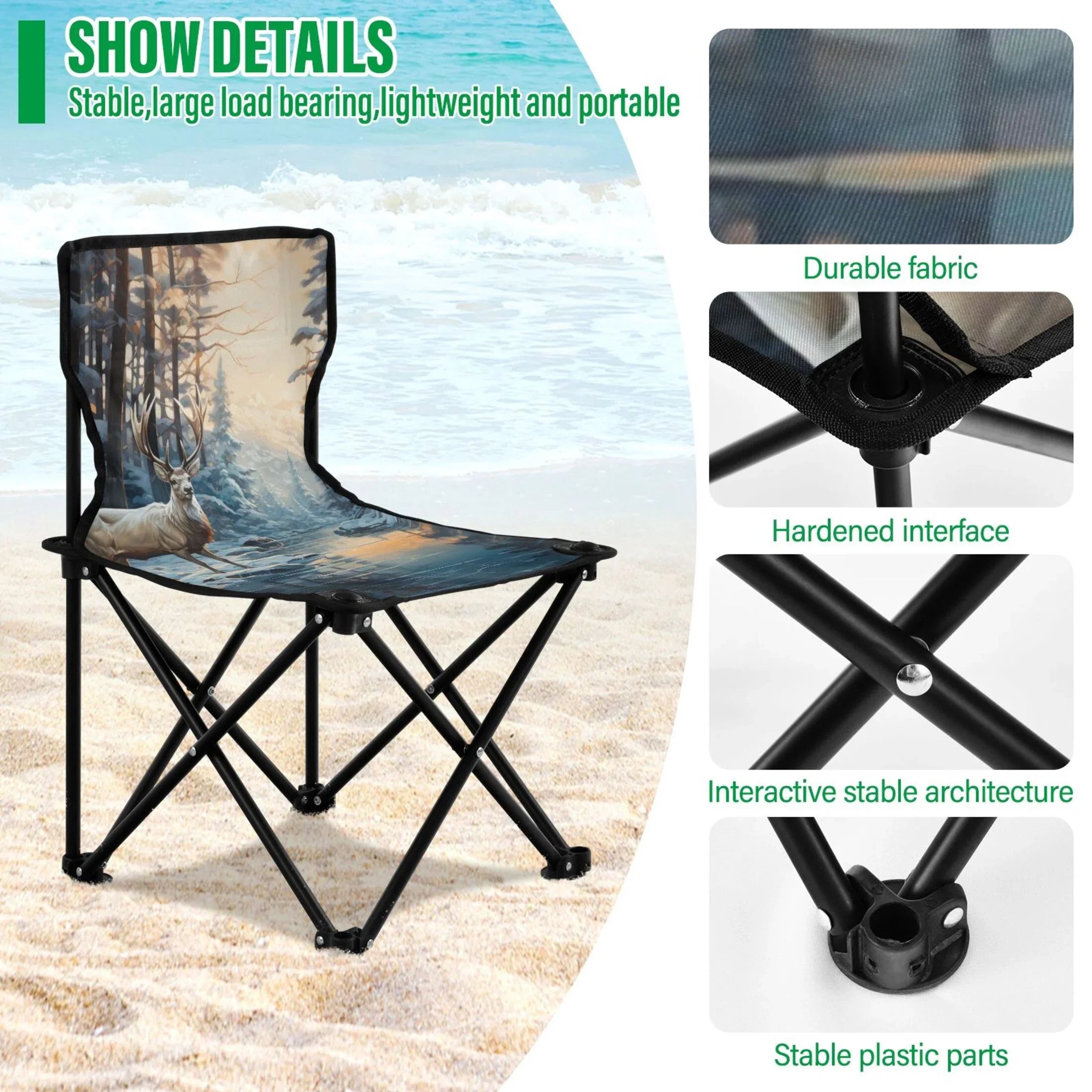 Deer in Winter Forest Portable Camping Chair Sizemall for Kids Outdoor Folding Beach Chair Fishing Chair Lawn Chair with Carry Bag