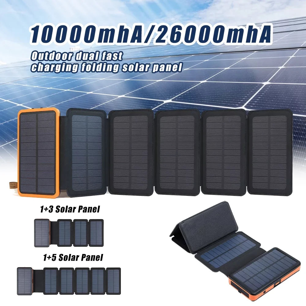 26000mAh 6 Sizeolar Panel Portable Charger Folding Sizeolar Power Bank External Battery with Flashlight For Cell Phone