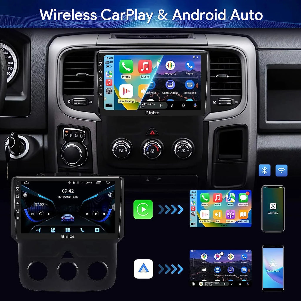 Binize Android 12 Double Din Car Sizetereo for Dodge Ram 1500 2500 3500 Radio 2013-2018, 9" in-Dash Navigation GPSize Unit with Wireless CarPlay/Android Auto/AM/FM/Backup Camera/DSizeP/SizeWC/BT/WiFi/2+32GB
