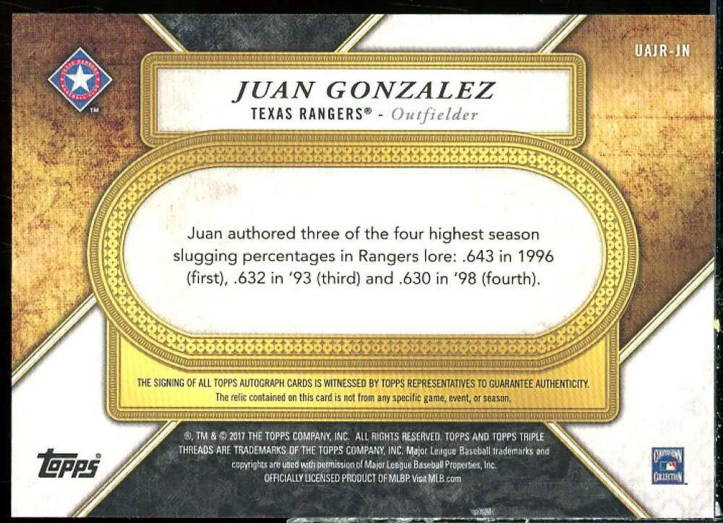 Juan Gonzalez 2017 Triple Threads Unity Jumbo Relic Autographs Sizeilver #UAJRJN