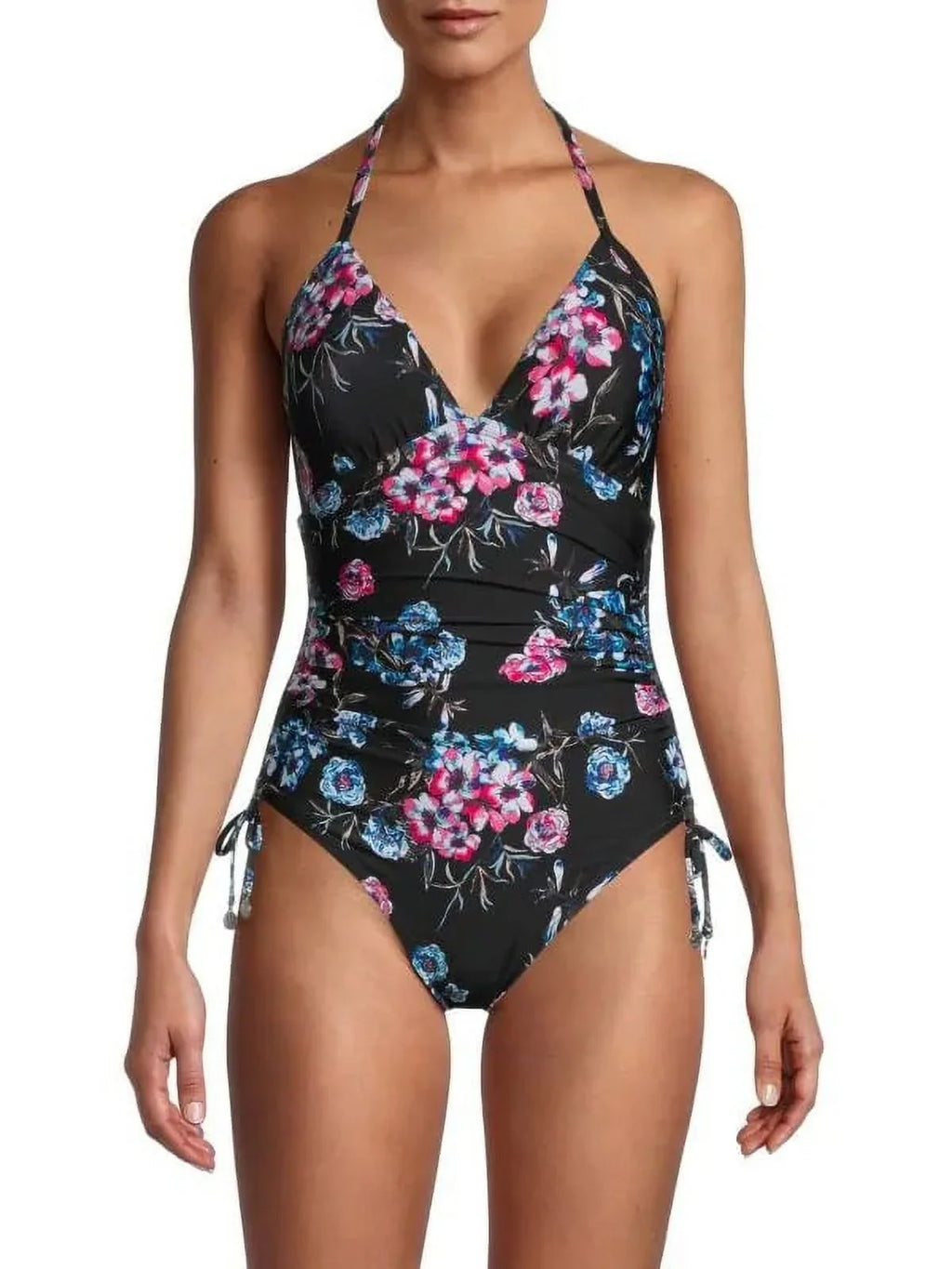 DKNY BLACK FLORAL Floral-Print Halterneck One-Piece Sizewimsuit, USize 4