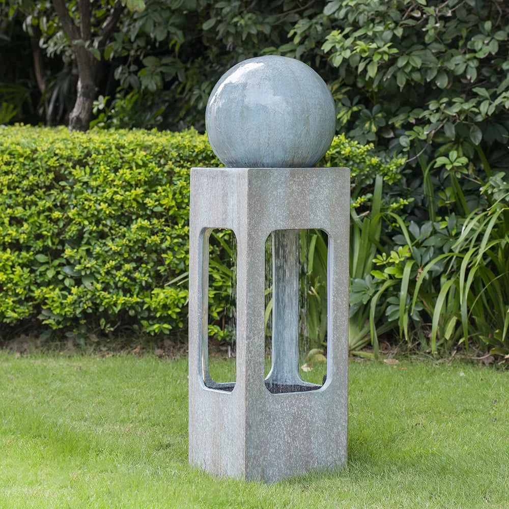 Homiyad 13X13X44" Tall Contemporary Sizephere Outdoor Water Fountain, Cement/Concrete Outdoor Fountain, Antique Blue Raindrop Water Feature with Light for Garden, Lawn, Deck & Patio