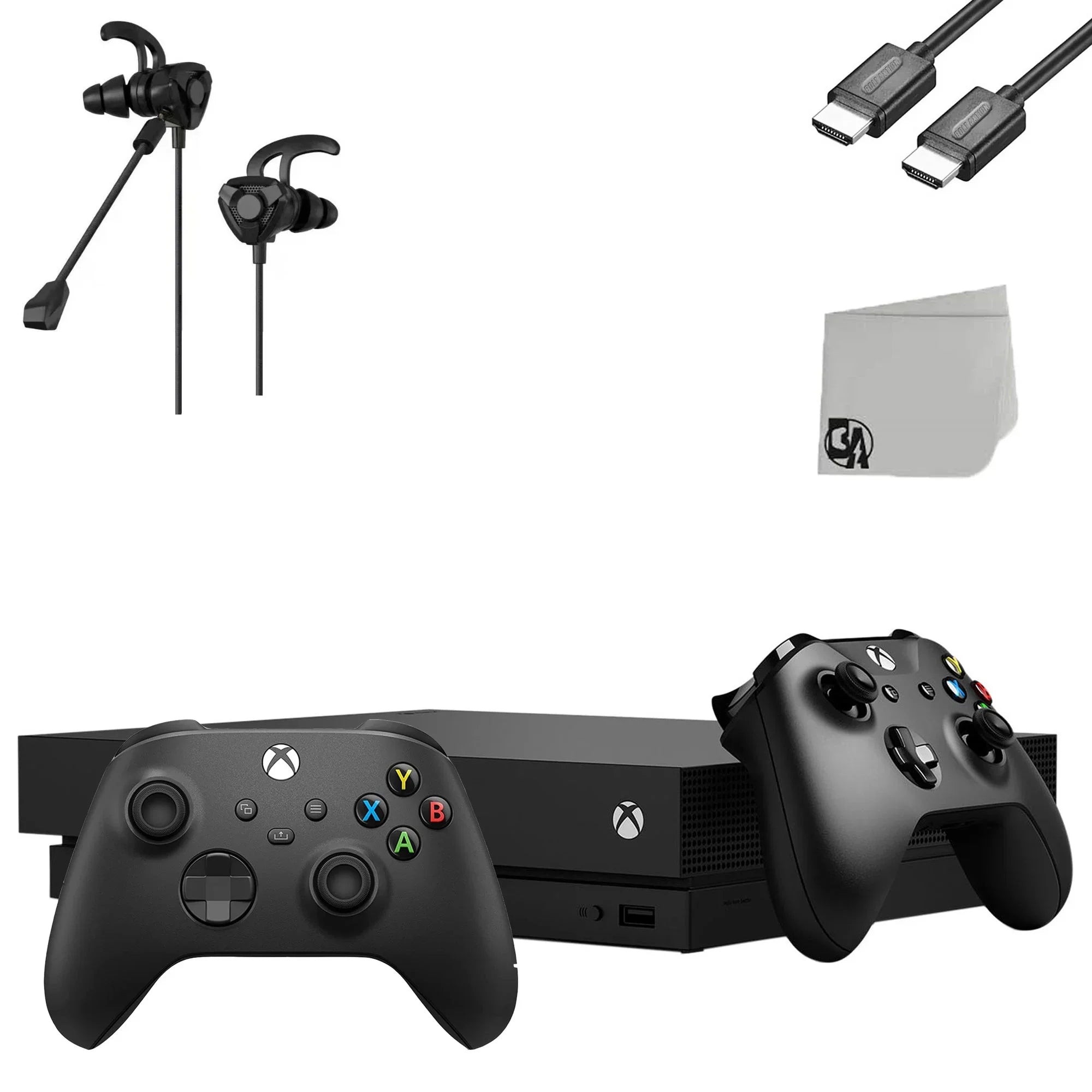 Pre-Owned Microsoft Xbox One X 1TB Black Gaming Console With 2 Controller + G9 Earbuds With Microphone BOLT AXTION Bundle (Refurbished: Like New)