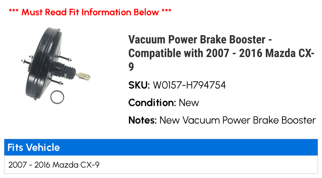 Vacuum Power Brake Booster - Compatible with 2007 - 2016 Mazda CX-9 2008 2009 2010 2011 2012 2013 2014 2015