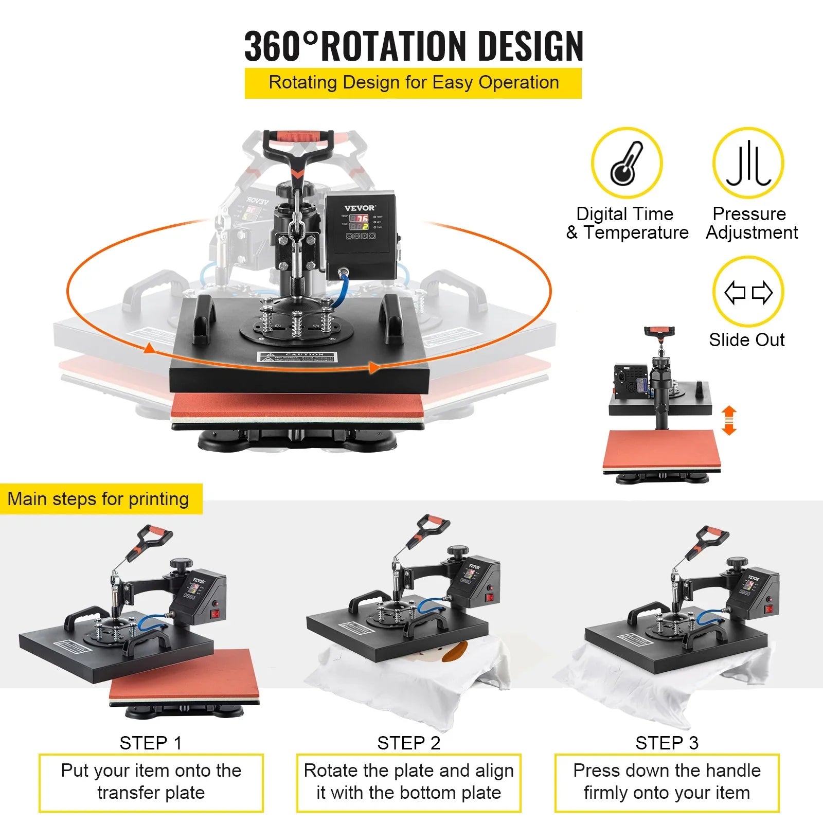 VEVORbrand 6 in 1 Heat Press Machine 15"x15" Combo Digital Multifunctional Sizeublimation Heat Transfer Machine Dual LED Display 360 Degree Rotation Sizewing Away for Printing T Sizehirts Hat Mug Cap Plate