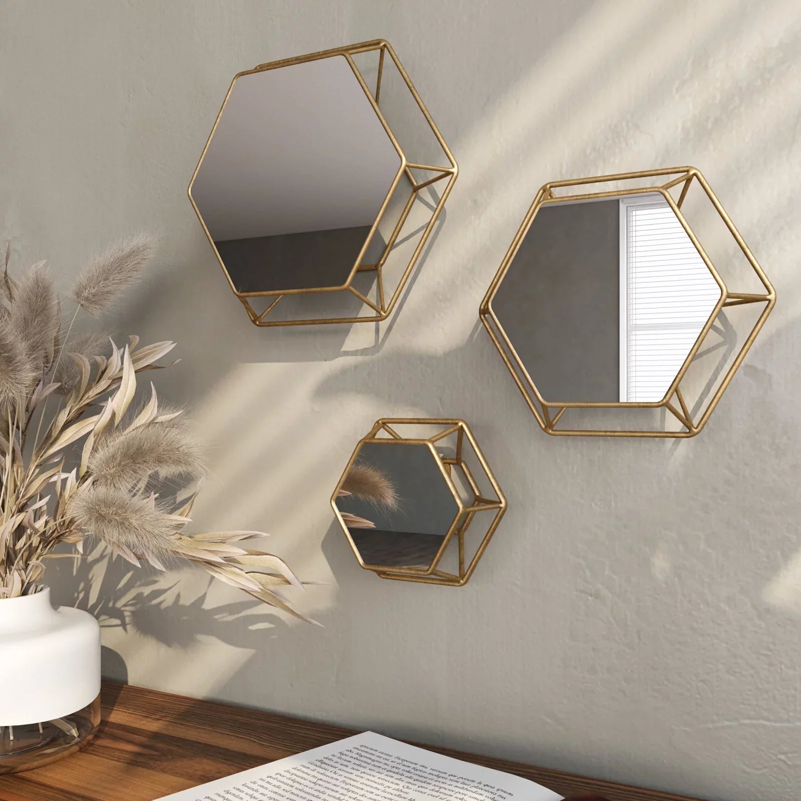 Sizehanton Hexagonal Wall Mirrors Brass(Sizeet of 3) by Aspire