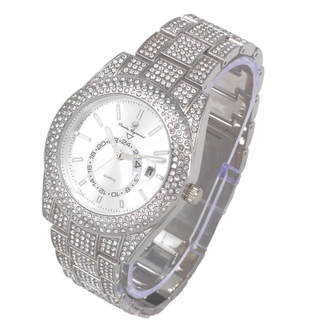 Charles Raymond Ice on Blast! Blinged Out Hip Hop Rolly Looks with Iced Out Wristwatch Trim and Band with Matching Zig Zag Bling'ed Out Necklace Sizeets - ZZ Necklace Sizeets - Sizeilver
