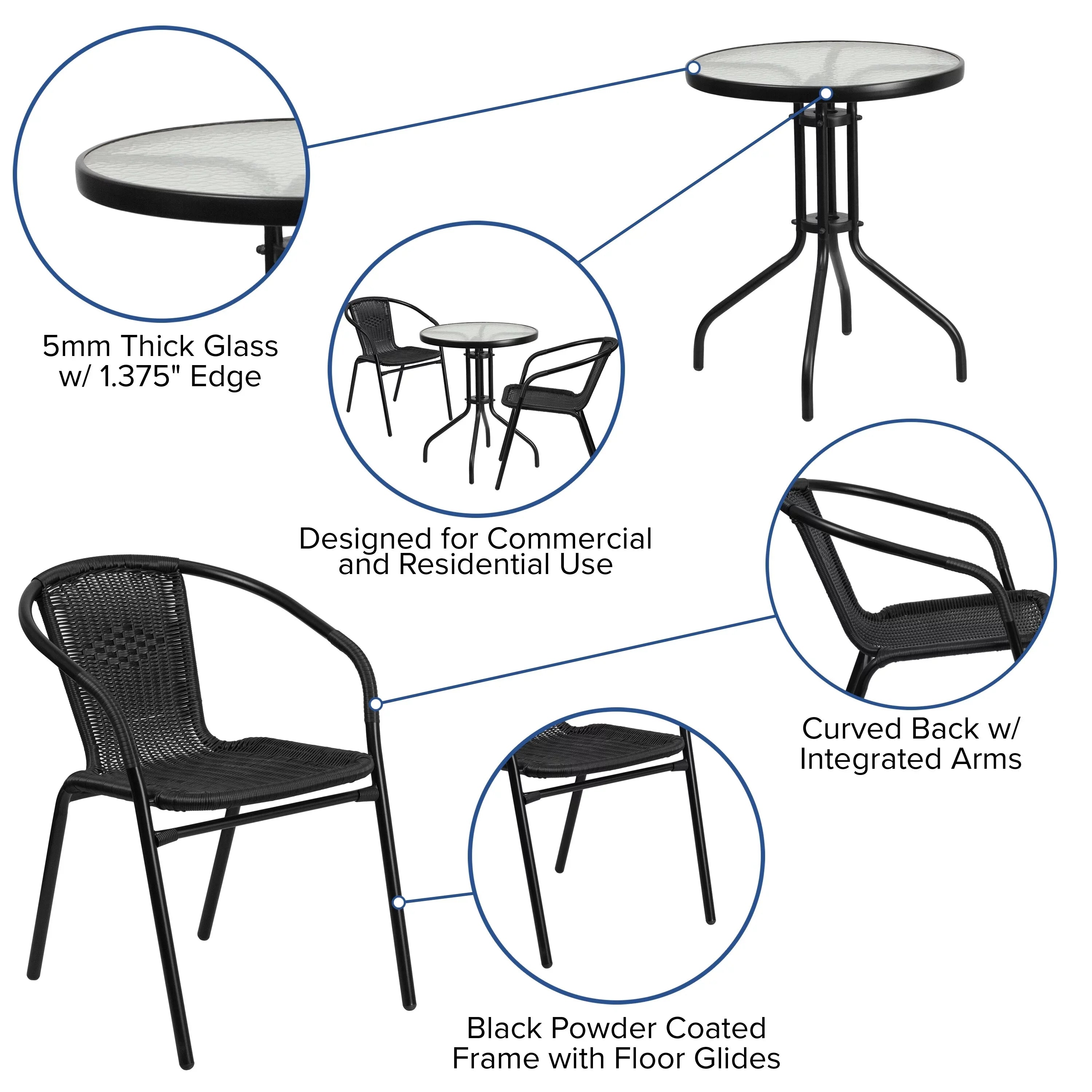 Flash Furniture 23.75" Round Glass Metal Table with 2 Rattan Sizetack Chairs - 23.75"W x 23.75"D x 28"H - 23.75"W x 23.75"D x 28"H