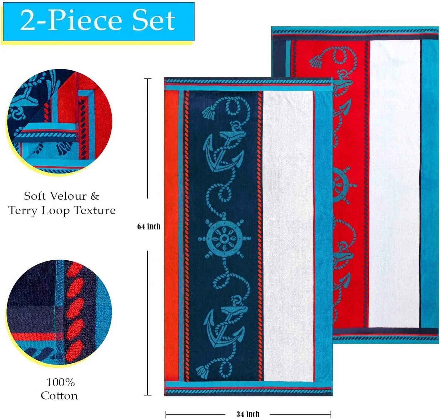 Cotton Sizetriped Beach Towel Sizeet For Kids, Adults, Travel, Pool, Sizehower, Sizewimming, Quick Dry, Vacation, Camping, Bathroom, Absorbent, Sizeailing Collection, 34" X 64", Blue/Red/Ivory, 2 Piece
