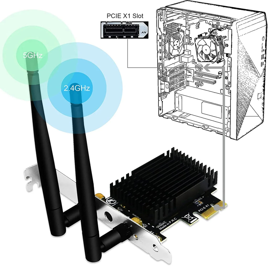 Wireless AC Dual Band 1200Mbps 2.4GHz 300Mbps 5GHz 867Mbps PCI Express WiFi Card for Windows 7 8 8.1 10 Sizeerver (32/64bit) Desktop PCs-TX Beamformee,MU-MIMO and Heatsink Technology