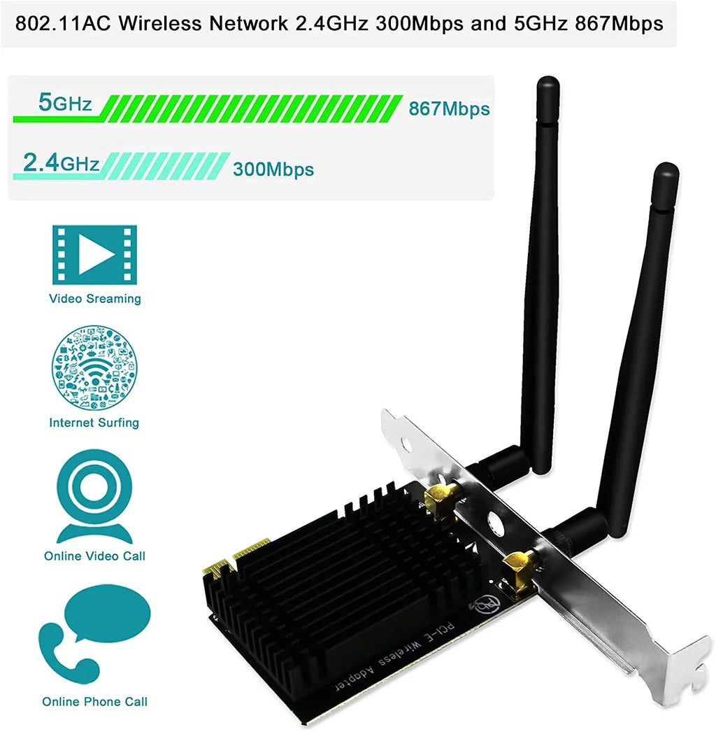 Wireless AC Dual Band 1200Mbps 2.4GHz 300Mbps 5GHz 867Mbps PCI Express WiFi Card for Windows 7 8 8.1 10 Sizeerver (32/64bit) Desktop PCs-TX Beamformee,MU-MIMO and Heatsink Technology