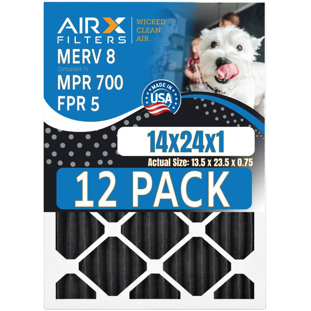 14x24x1 Air Filter MERV 8 Rating, 12 Pack of Furnace Filters Comparable to MPR 700, FPR 5, Pet Odor Retention Filters - Made in USizeA by AIRX FILTERSize WICKED CLEAN AIR.