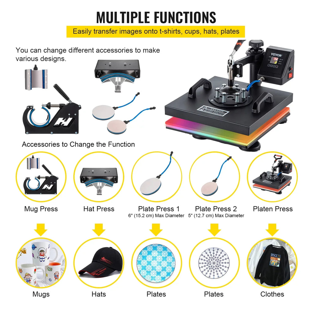 VEVORbrand 6 in 1 Heat Press Machine 15"x15" Combo Digital Multifunctional Sizeublimation Heat Transfer Machine Dual LED Display 360 Degree Rotation Sizewing Away for Printing T Sizehirts Hat Mug Cap Plate