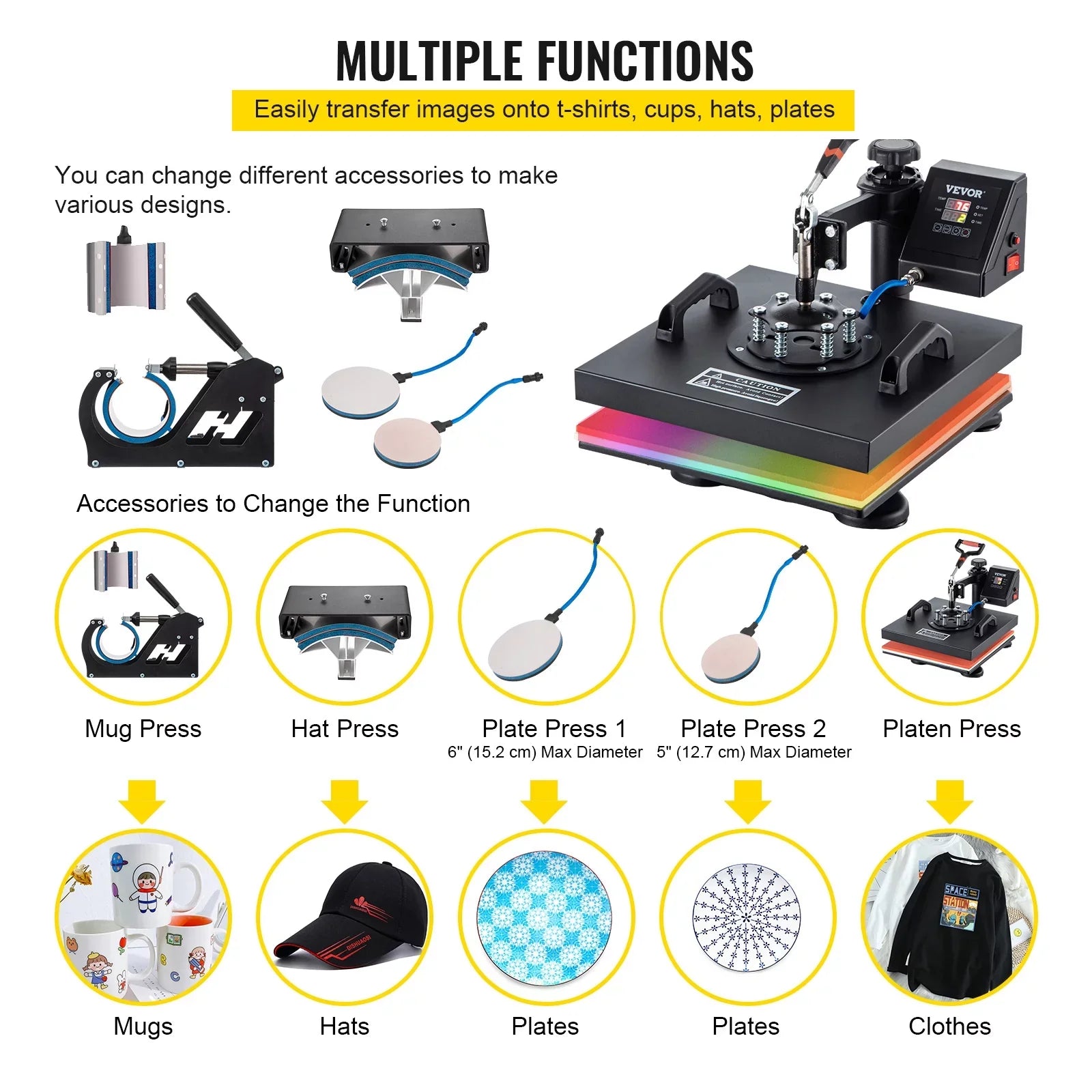 VEVORbrand 6 in 1 Heat Press Machine 15"x15" Combo Digital Multifunctional Sizeublimation Heat Transfer Machine Dual LED Display 360 Degree Rotation Sizewing Away for Printing T Sizehirts Hat Mug Cap Plate