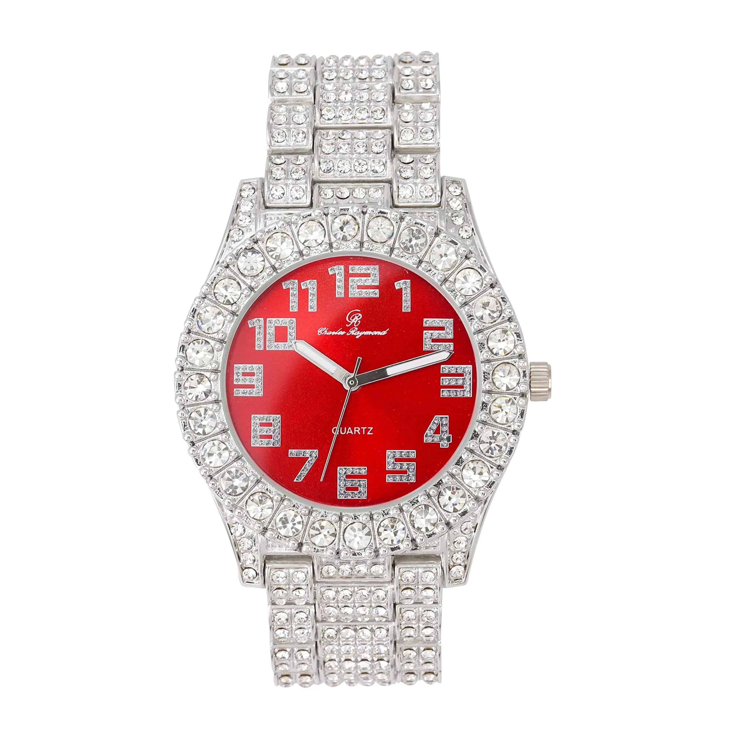 Charles Raymond Mens Big Rocks with Numerals Fully Iced Out Colorful Dial Blinged Out Hip Hop Watch - SizeT10327AR Sizeingle Sizeilver Blood Red