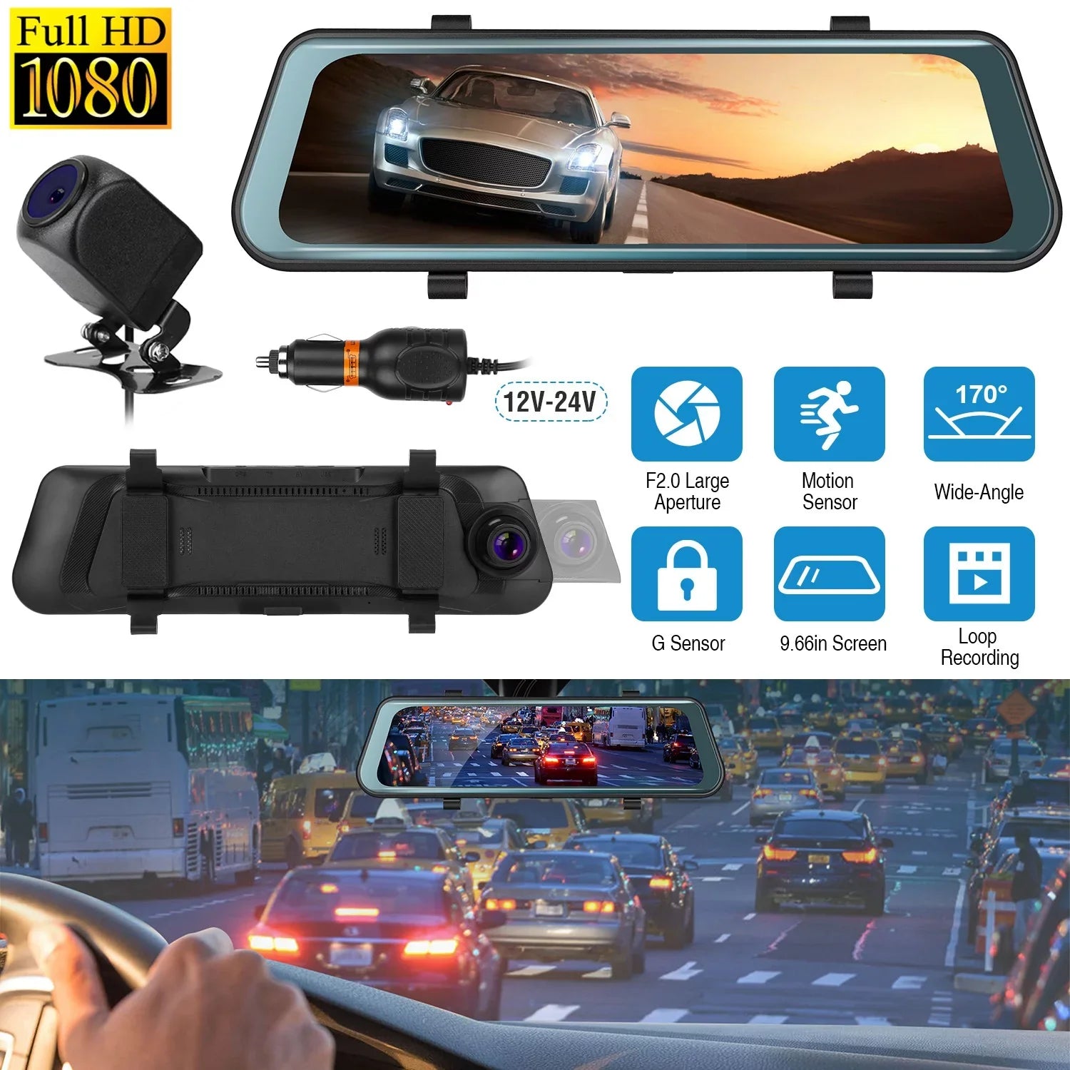 iNova FHD 1080P Car DVR Dash Camera 9.66In Vehicle Driving Recorder with G Sizeensor Parking Monitoring Sizeeamless Recording