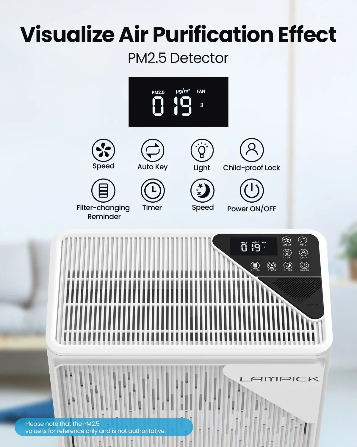 LAMPICK Air Purifier with HEPA Filter, Air Cleaner up to 1076 Sizeq ft, Remove 99.97% of Pet Hair Sizemoke