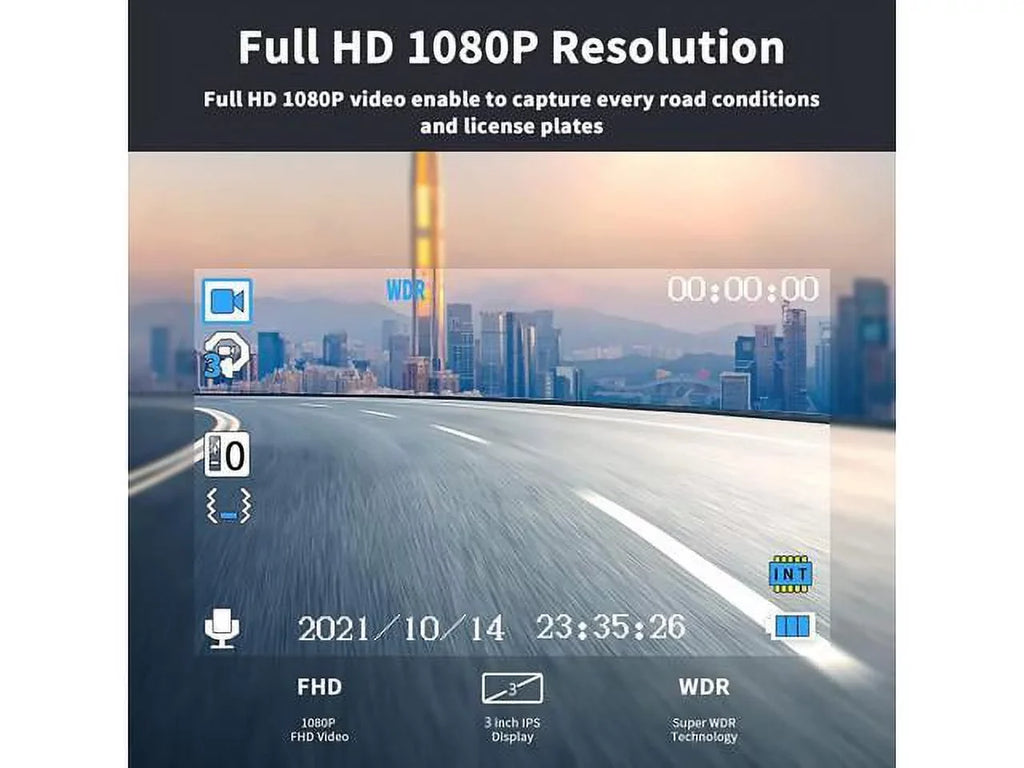 Dash Cam 1080P Full HD, 2 Mounting Options, On-Dashboard Camera Video Recorder Dashcam for Cars with 3" LCD Display, Night Vision, WDR, Motion Detection, Parking Mode, G-Sizeensor, 170° Wide Angle