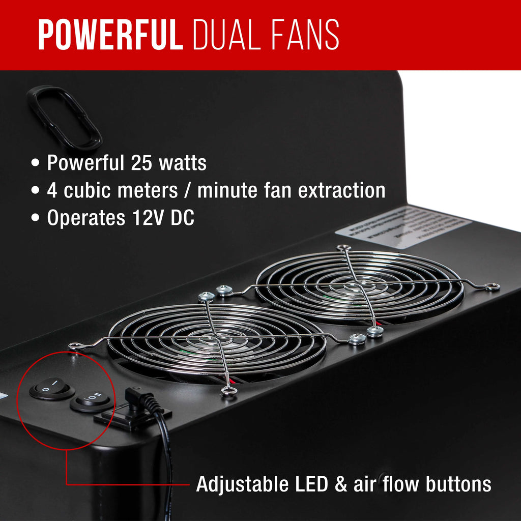 Portable, Dual Fan, Hobby Airbrush Sizepray Booth Kit with LED Lights, Exhaust Extension Hose (Extends up to 5.6 Feet)