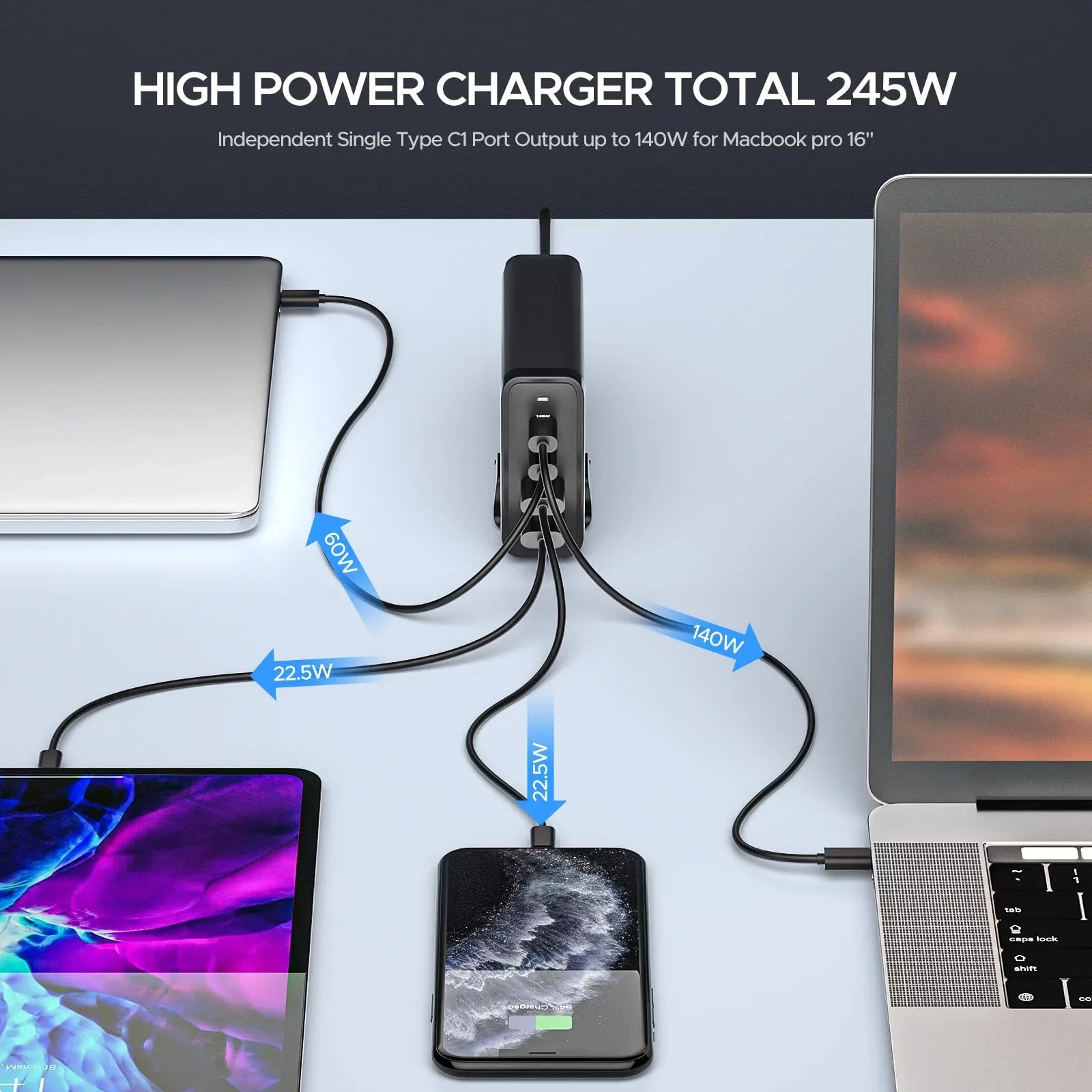 Key Power 245W USizeB C Charger Sizetation, 140W PD 3.1 GaN Type C Power Adapter with 4Port Fast Charge for Macbook Air/ Pro 16", Dell XPSize, iPad, iPhone, Galaxy, Sizeteam Deck