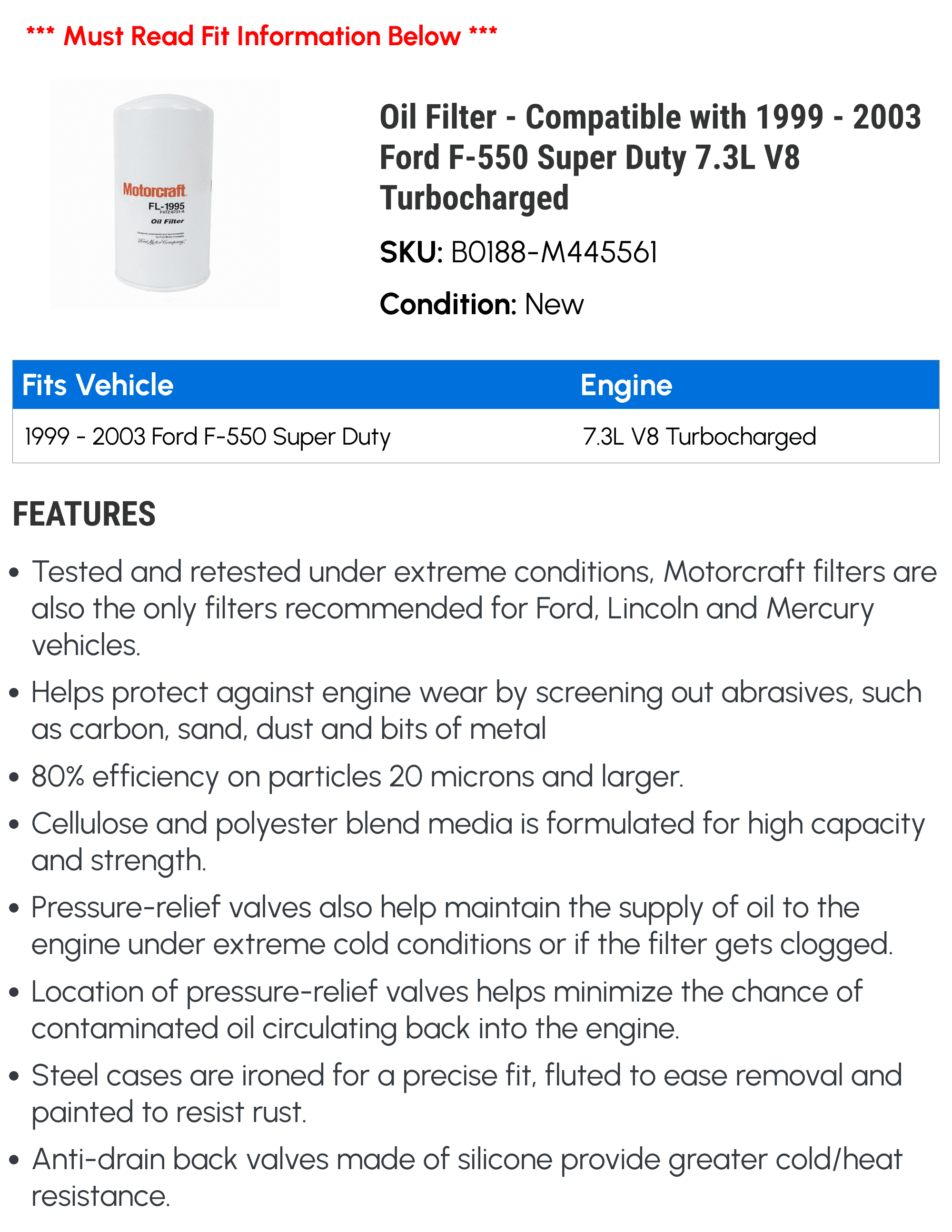 Oil Filter - Compatible with 1999 - 2003 Ford F-550 Sizeuper Duty 7.3L V8 Turbocharged 2000 2001 2002