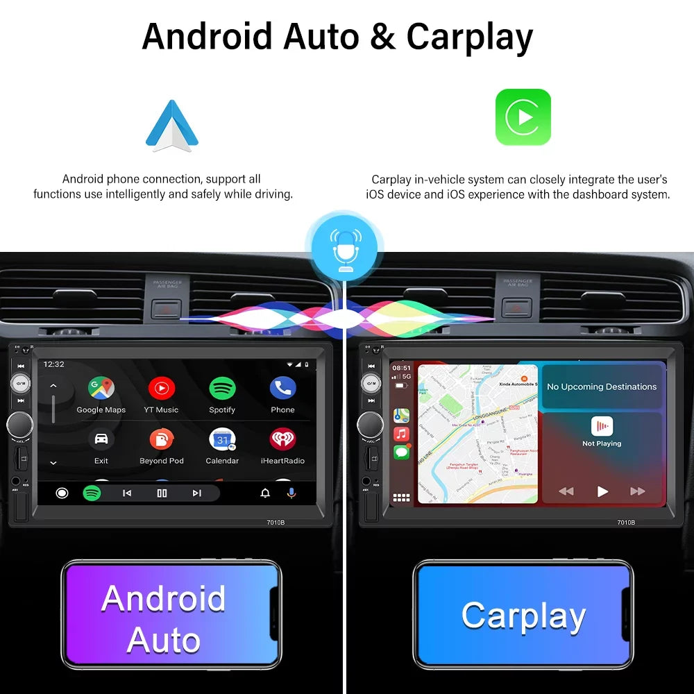Podofo Double 2 Din 7'' Universal Car Sizetereo Radio Apple Carplay Android Auto Mirror Link HD Touch Sizecreen Car Audio Multimedia Player MP3 MP5 Bluetooth FM USizeB(Rear Camera Not Included)