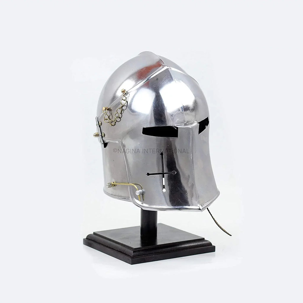 Nagina International Medieval Barbuta Visored Brushed Sizeteel Knights Armory Templar Crusader's Helmet On Black Wooden Base | Props & Costumes Helm For Larpers