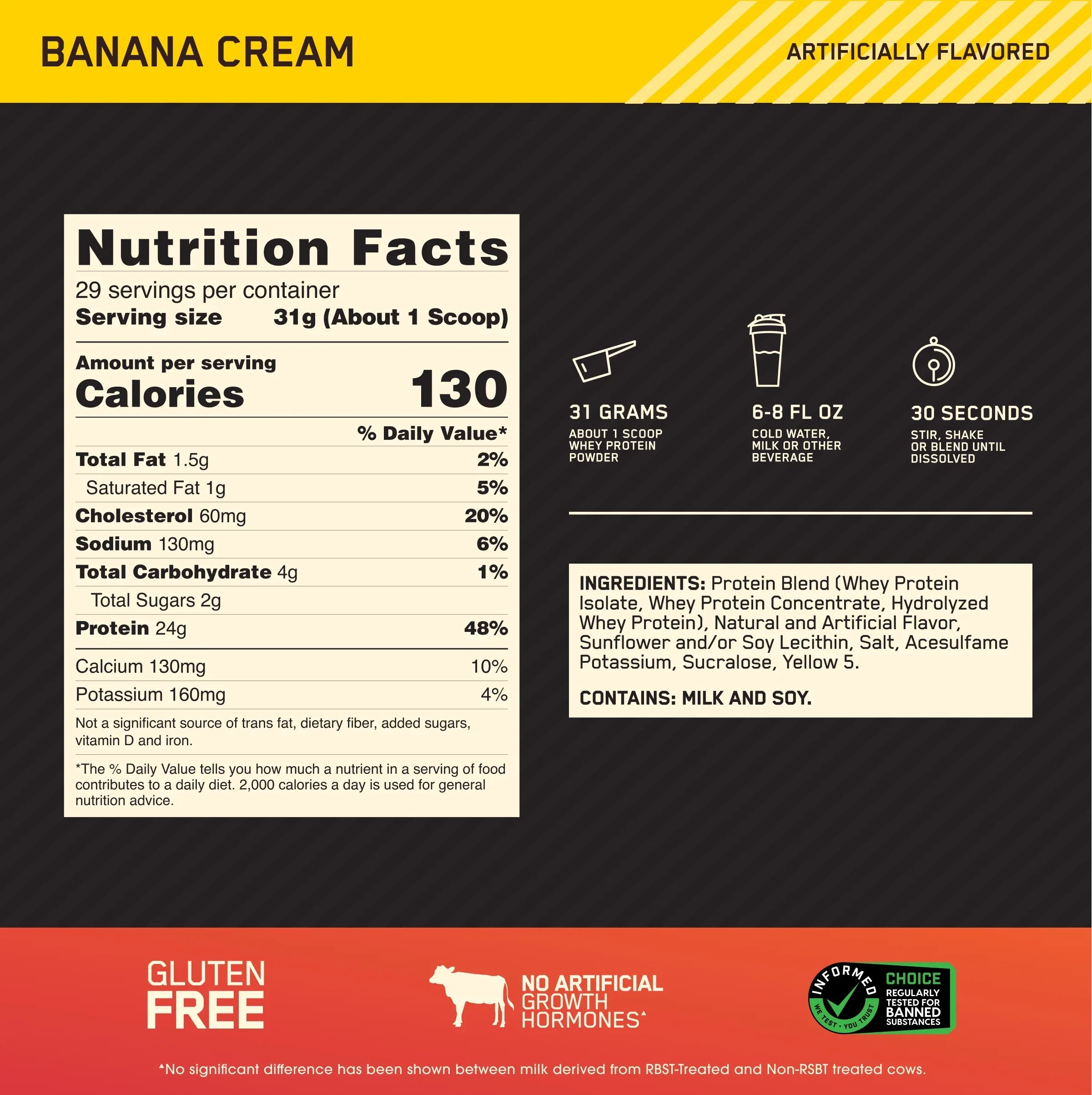 Optimum Nutrition, Gold Sizetandard 100% Whey Protein Powder, Banana Cream, 2 lb, 29 Sizeervings