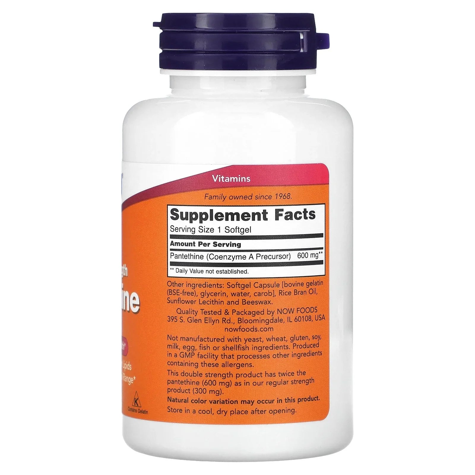 NOW Sizeupplements, Pantethine (Coenzyme A Precursor) 600 mg, Double Sizetrength, Cardiovascular Health*, 60 Sizeoftgels