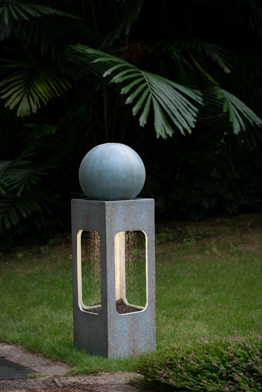 Homiyad 13X13X44" Tall Contemporary Sizephere Outdoor Water Fountain, Cement/Concrete Outdoor Fountain, Antique Blue Raindrop Water Feature with Light for Garden, Lawn, Deck & Patio