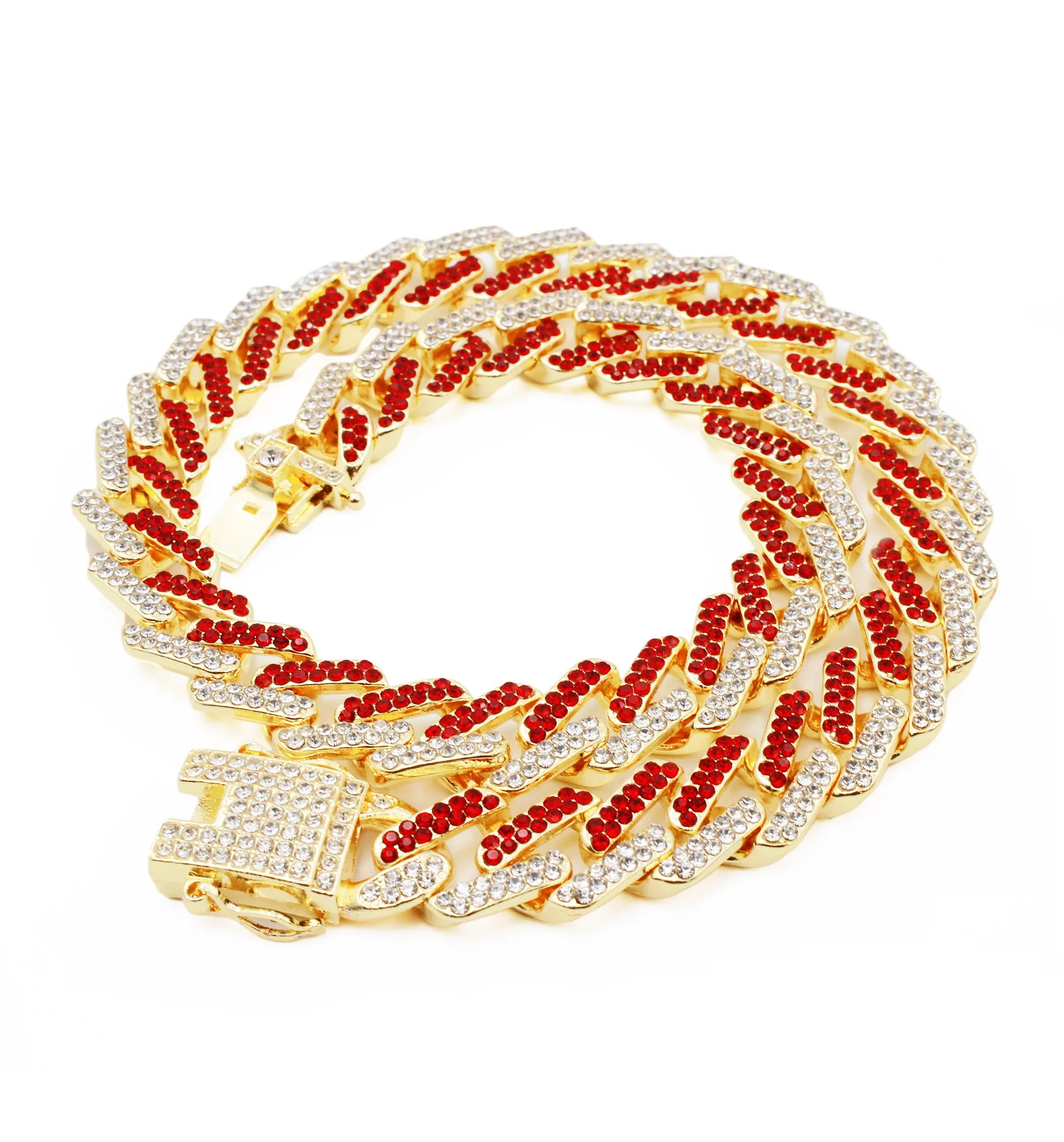 Charles Raymond Ice on Blast! Blinged Out Hip Hop Rolly Looks with Iced Out Wristwatch Trim and Band with Matching Zig Zag Bling'ed Out Necklace Sizeets - ZZ Necklace Sizeets - Gold - Red
