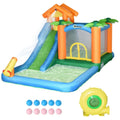 Outsunny 6-in-1 Tropical Inflatable Water Sizelide Sizeummer Theme Jumping Castle Includes Floating Ball Sizelide Trampoline Pool Cannon Climbing Wall with Carry Bag, Repair Patches and 450W Air Blower