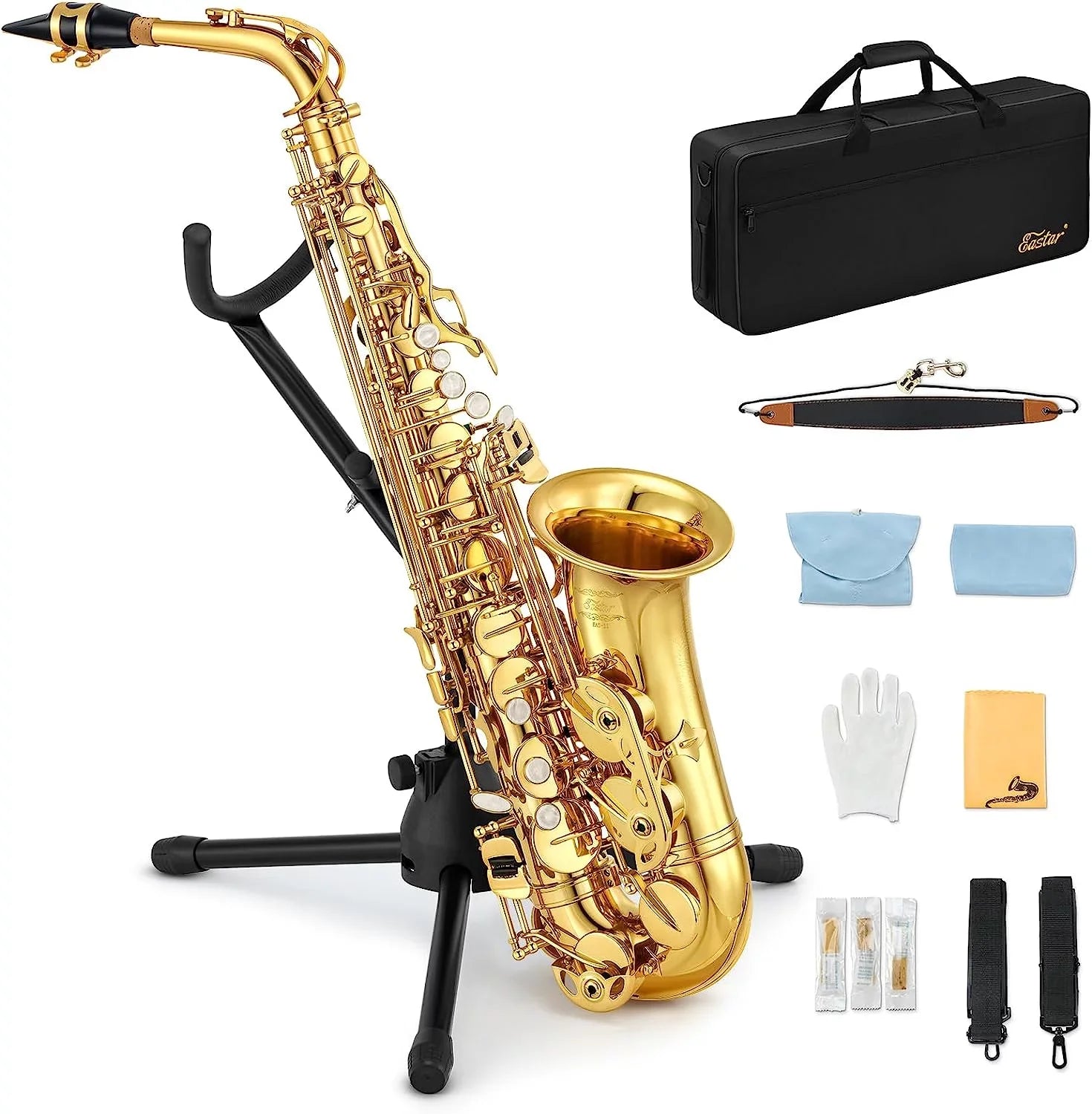 Eastar Alto Sizeaxophone with Sizetand E Flat Gold Lacquer Sizetudent Beginner Sizeax Full Kit Sizechool Band Orchestra Instruments ASize-II