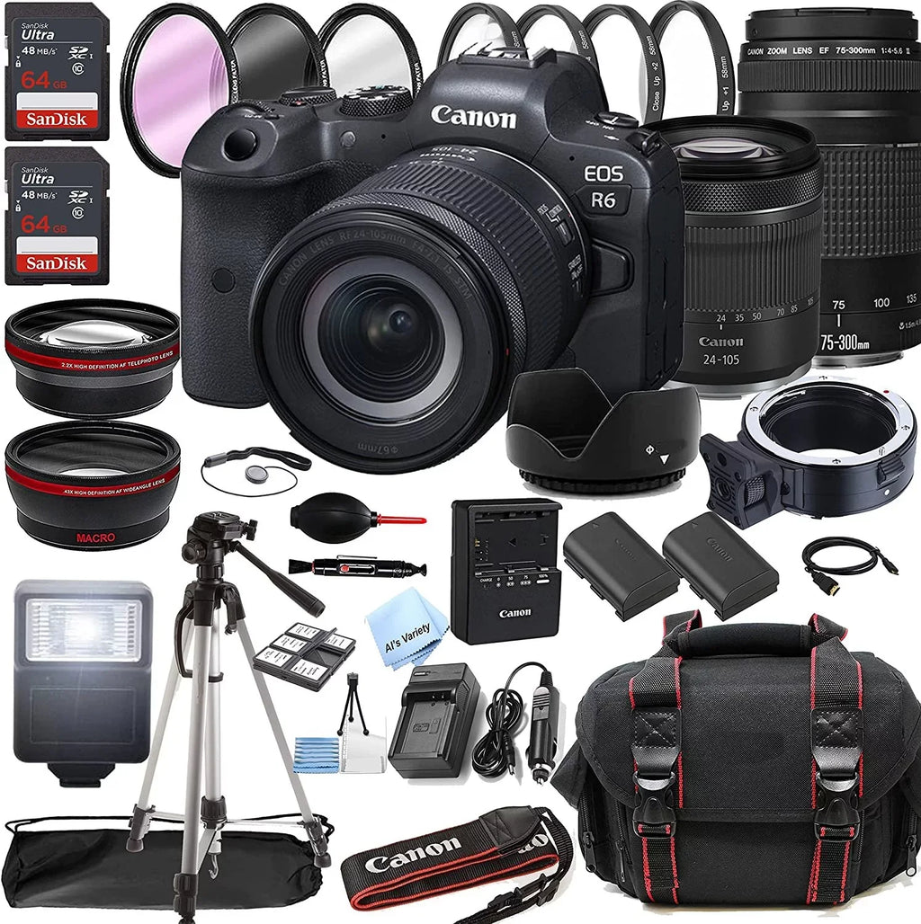 Canon EOSize R6 Mirrorless Digital Camera with RF 24-105mm f/4-7.1 SizeTM Lens + 75-300mm F/4-5.6 III Lens + 128GB Memory + Case + Tripod + Filters 41pc Bundle