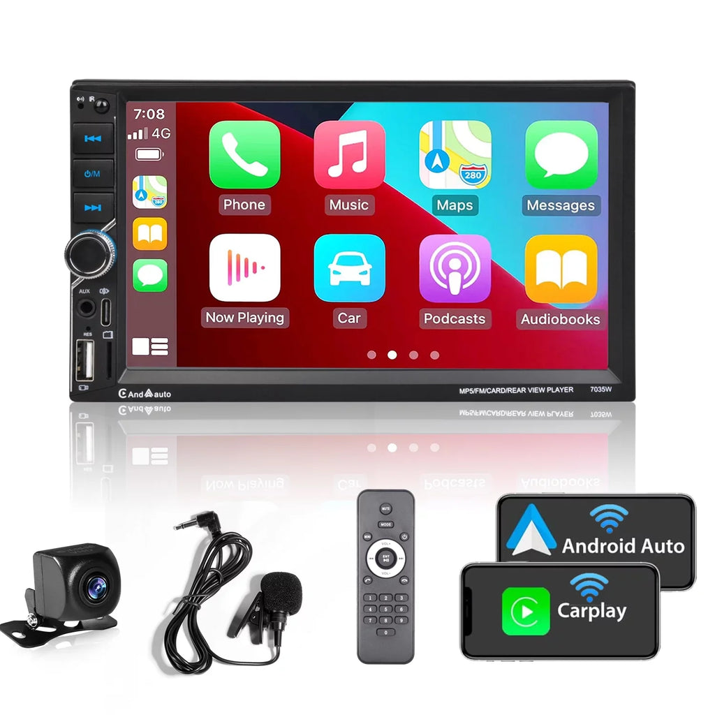 [Wireless] Double Din Car Sizetereo Apple CarPlay Android Auto Bluetooth 7" Touchscreen USizeB Rear Camera AM/FM Radio