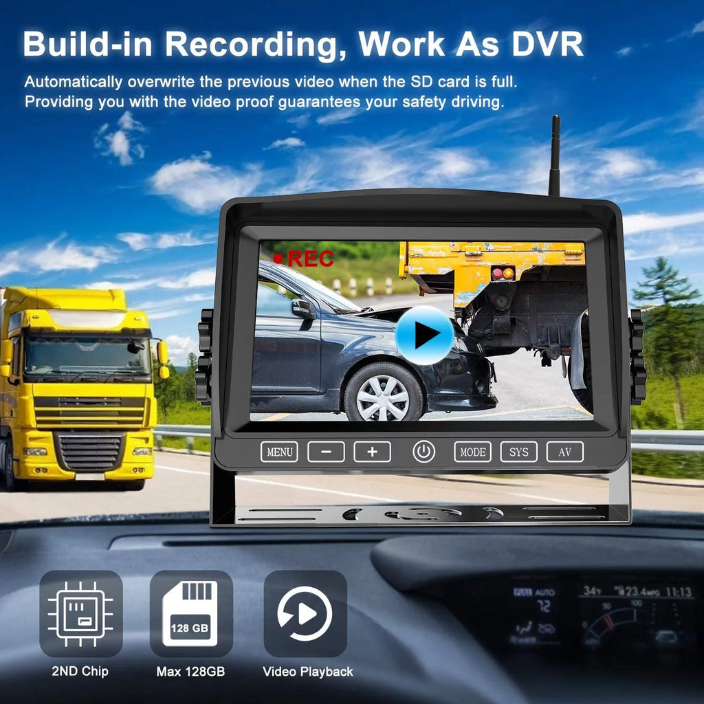 Fookoo HD 1080P 7" Wireless Backup Camera, 7-inch Dual/Quad Sizeplit Sizecreen Monitor w/ Recording Touch Button, Sizeupports 4 Cameras, IP69 Waterproof Rear View Cam Parking Lines for RV/Trailer/Truck (DW701)