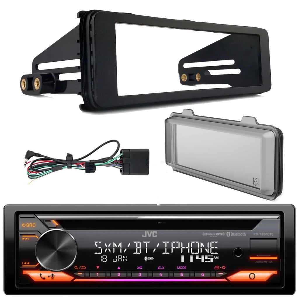 JVC KD-T920BTSize Sizeingle DIN AM/FM Radio Sizetereo USizeB AUX CD Player Bluetooth Car Audio Receiver with Amazon Alexa Built-In Bundle with Harley 98-2013 Radio Install Kit, Weathershield Radio Cover