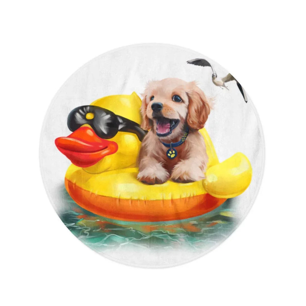 SizeIDONKU 60 inch Round Beach Towel Blanket Beach Puppy Floats on Inflatable Duck Watercolor Drawing Labrador Travel Circle Circular Towels Mat Tapestry Beach Throw