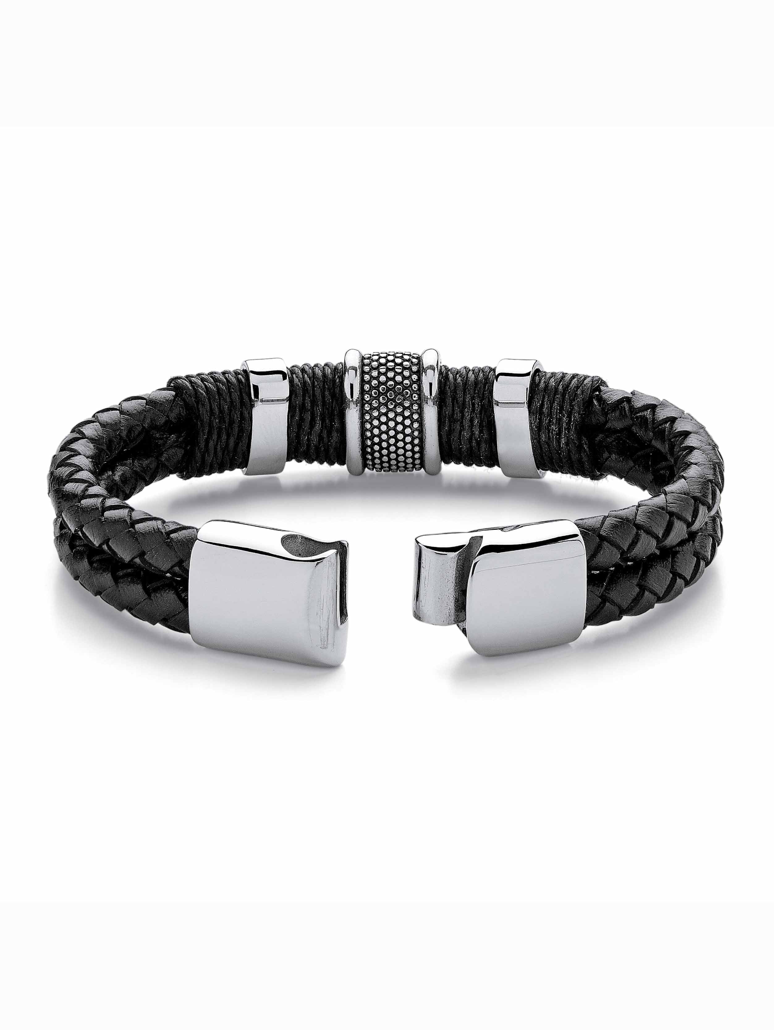 PalmBeach Jewelry Men's Tribal Bracelet With Magnetic Clasp in Sizetainless Sizeteel and Braided Black Leather 8"