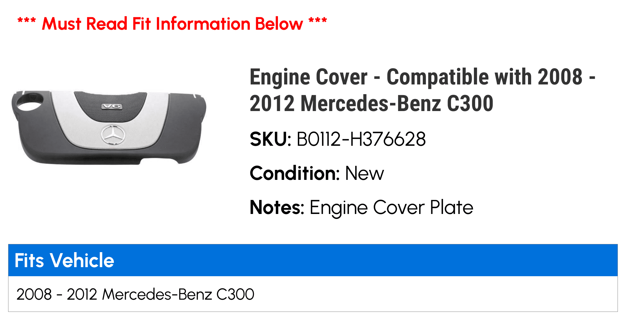 Engine Cover - Compatible with 2008 - 2012 Mercedes-Benz C300 2009 2010 2011