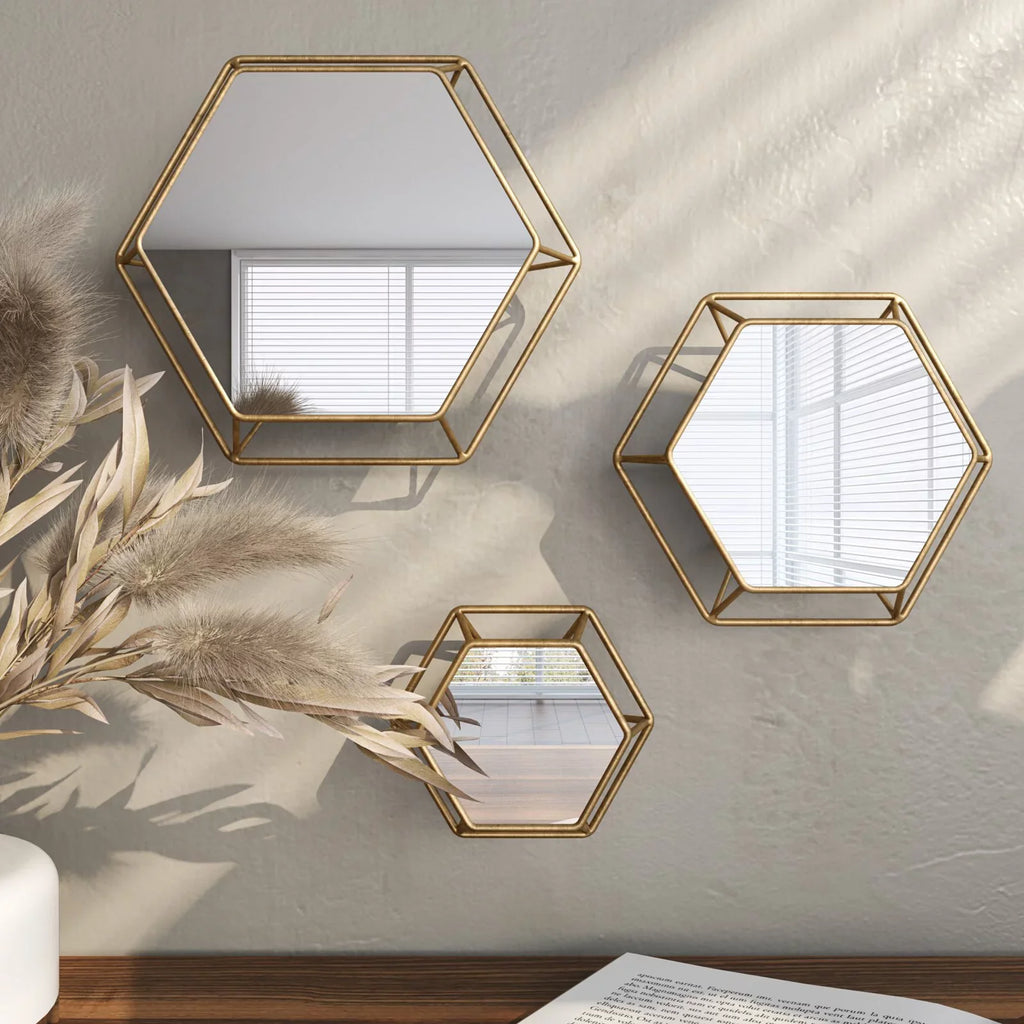 Sizehanton Hexagonal Wall Mirrors Brass(Sizeet of 3) by Aspire