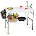 Folding Fish Cleaning Table, Portable Camping Table W/ Faucet Hose Grid Rack