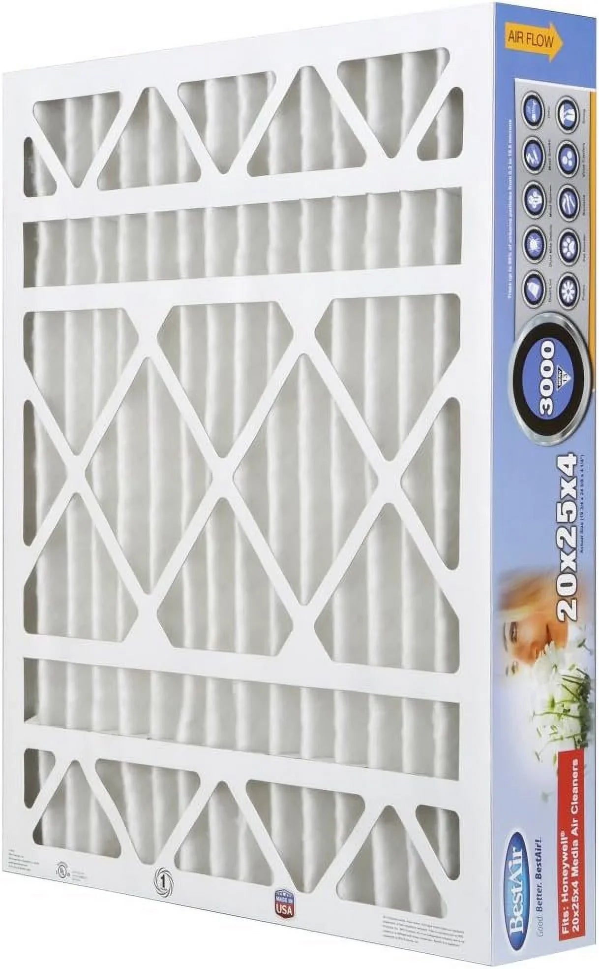 BestAir HW2025-13R AC Furnace Air Filter, 20" x 25" x 4", MERV 13, Removes Allergens & Contaminants, Fits 100%, For Honeywell Models, Pack of 3