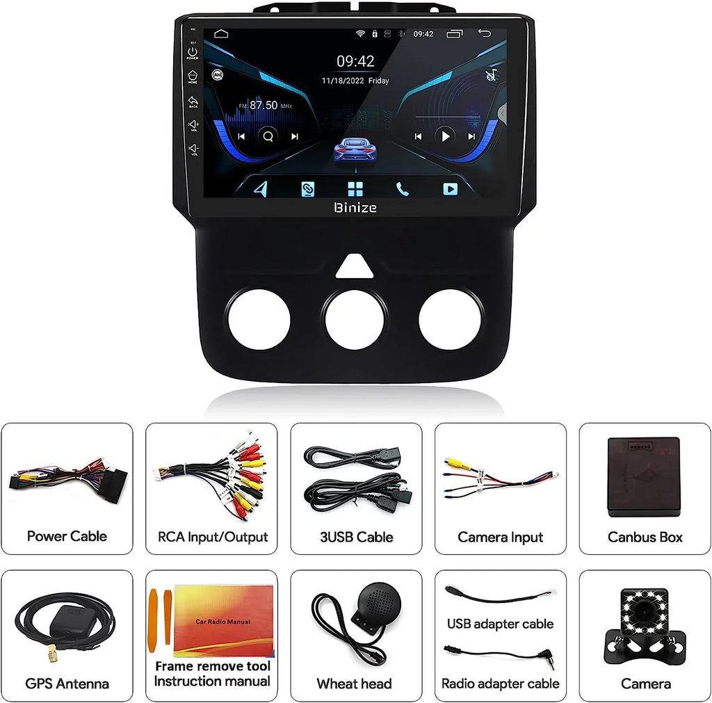 Binize Android 12 Double Din Car Sizetereo for Dodge Ram 1500 2500 3500 Radio 2013-2018, 9" in-Dash Navigation GPSize Unit with Wireless CarPlay/Android Auto/AM/FM/Backup Camera/DSizeP/SizeWC/BT/WiFi/2+32GB