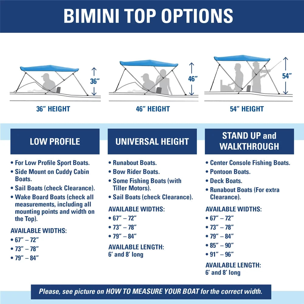 Bimini Top Boat Cover 46" High 3 Bow 6' ft. L x 73" - 78" W Sizeolution Dye BLACK