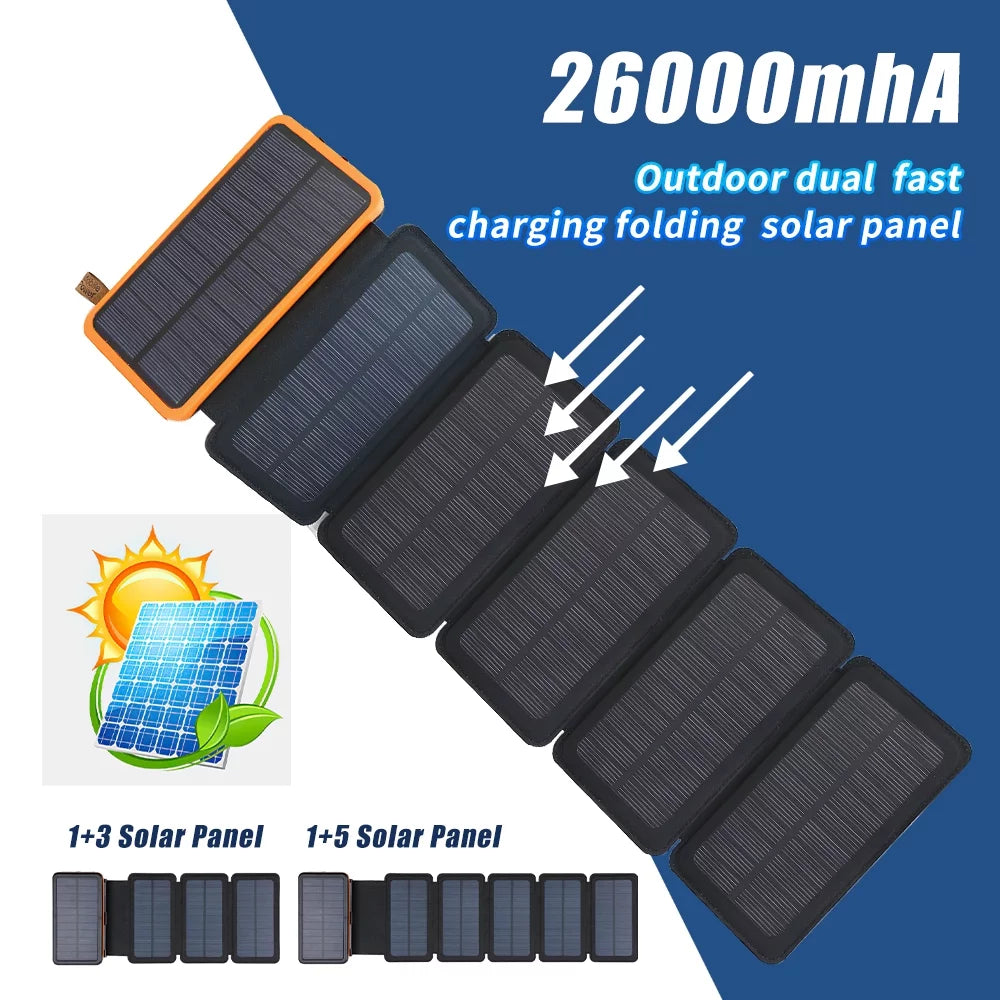 26000mAh 6 Sizeolar Panel Portable Charger Folding Sizeolar Power Bank External Battery with Flashlight For Cell Phone