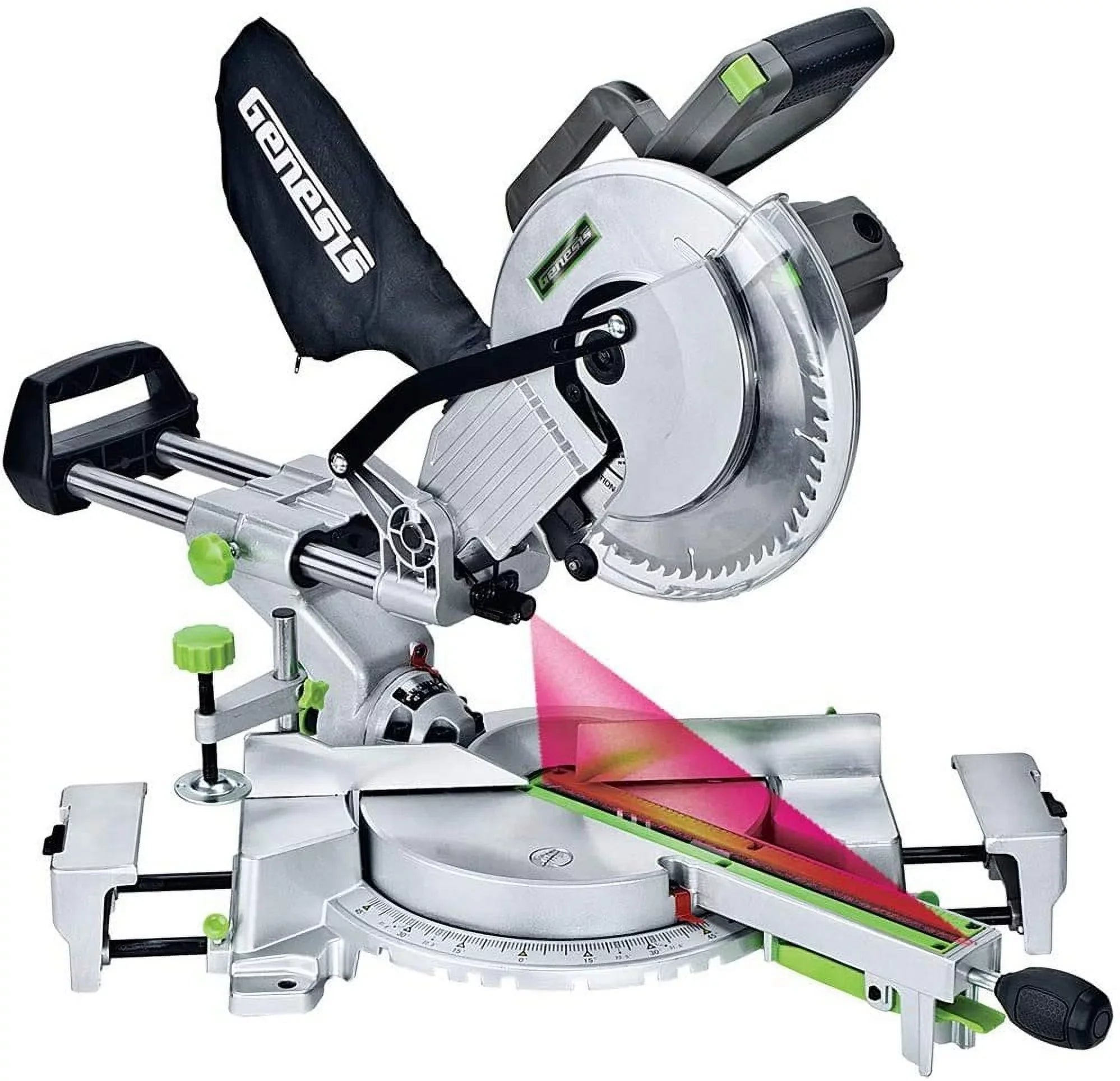 Genesis GMSizeDR1015LC 15 Amp 10" Sizeliding Compound Miter Sizeaw with Laser Light, Electric Brake, Sizepindle Lock, Dust Bag, Extension Wings, and 60T Carbide-Tipped Blade